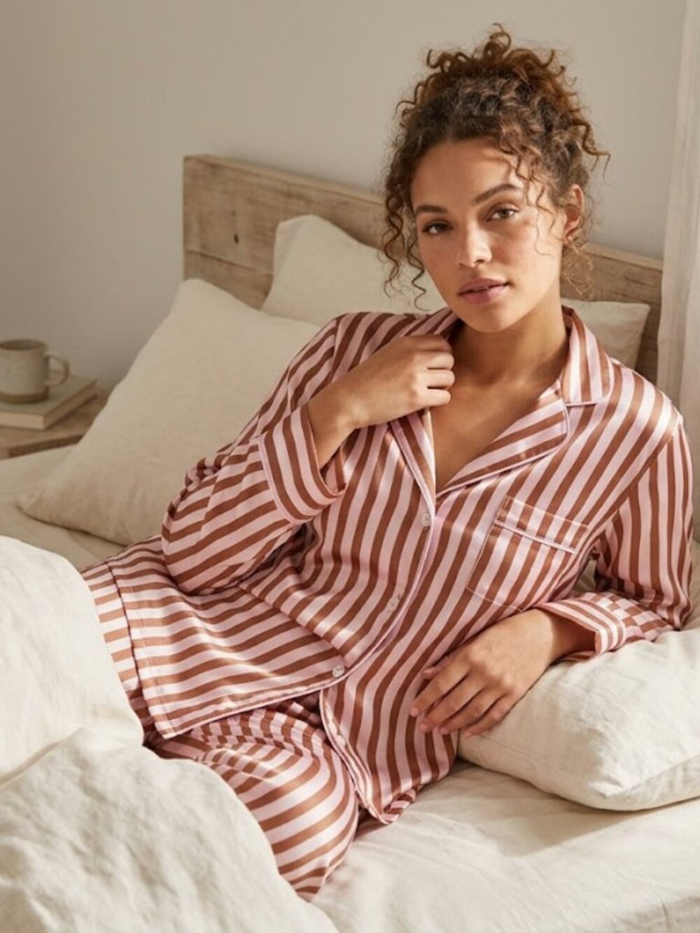 VICTORIA'S SECRET Satin Pajama Long Sleeve Button Down Sleepwear Striped Silky